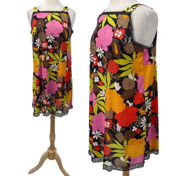 Vintage 60s Floral Slip Negligee Mini Dress Lace Trim Double Strap Womens M - Picture 1 of 7